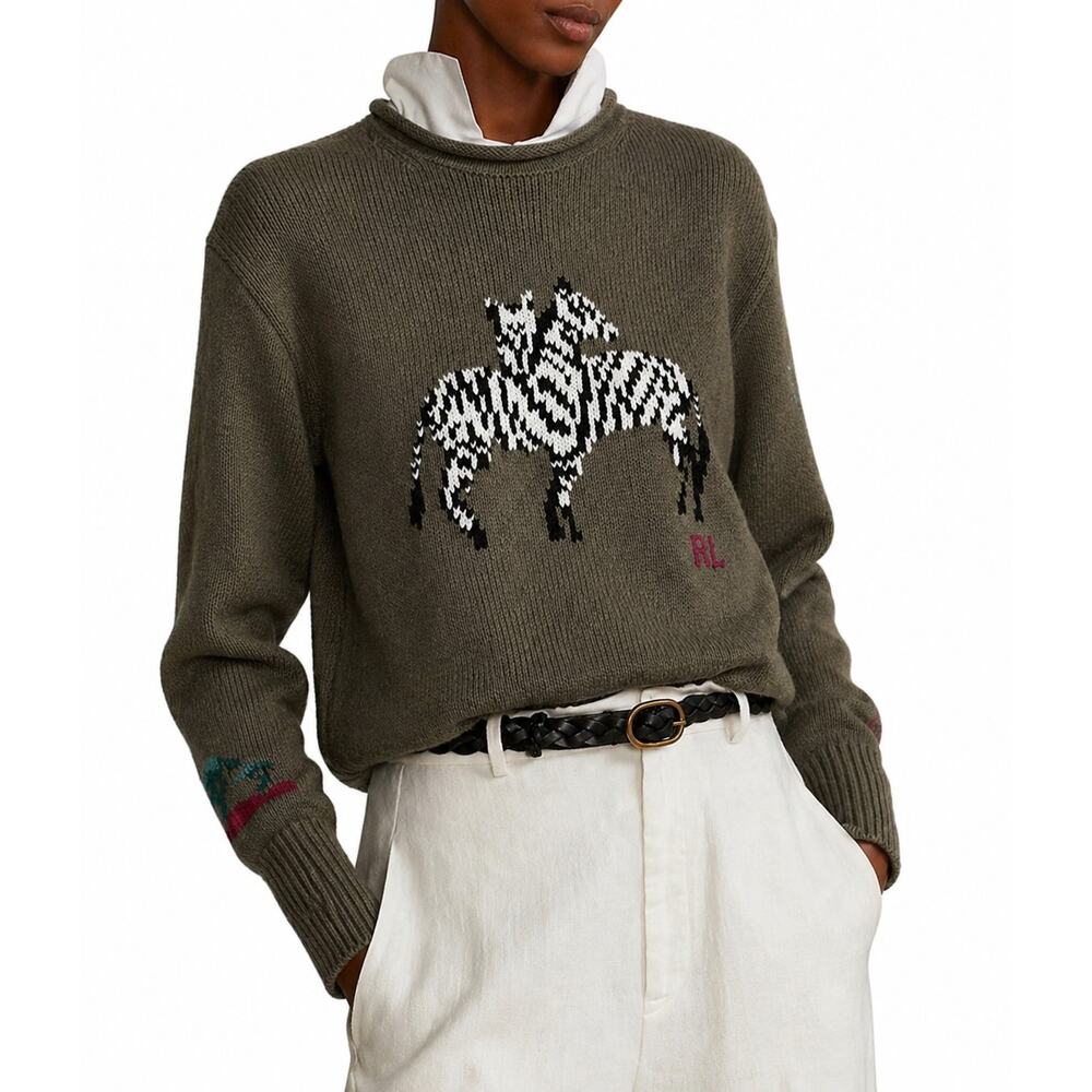 Polo Ralph Lauren Zebra Intarsia Roll Neck Sweater Olive Green Womens S Rare
